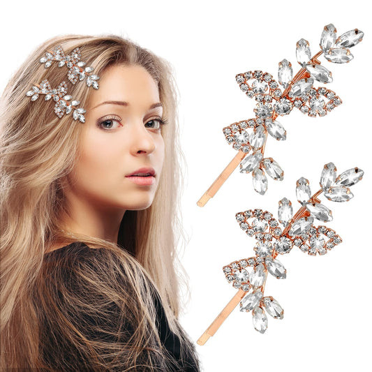 Andibro Rhinestone Bridal Hair Clips, 2Pcs Leaf Wedding Hairpin Bride Pearls Hair Pins Crystal Hair Clips Jewelry Barrette Elegant Hair Accessories for Brides Bridesmaids Flower Girls(Rose Gold)