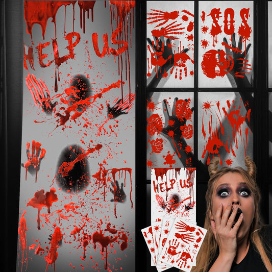 Amabro Halloween Decorations, 78" x 35" Bloody Horror Poster with 14" x 10" Handprint Footprint Stickers Windows Clings Wall Decals Temporary Tattoos Zombie Theme Party Indoor Outdoor, 1+4 Sheets
