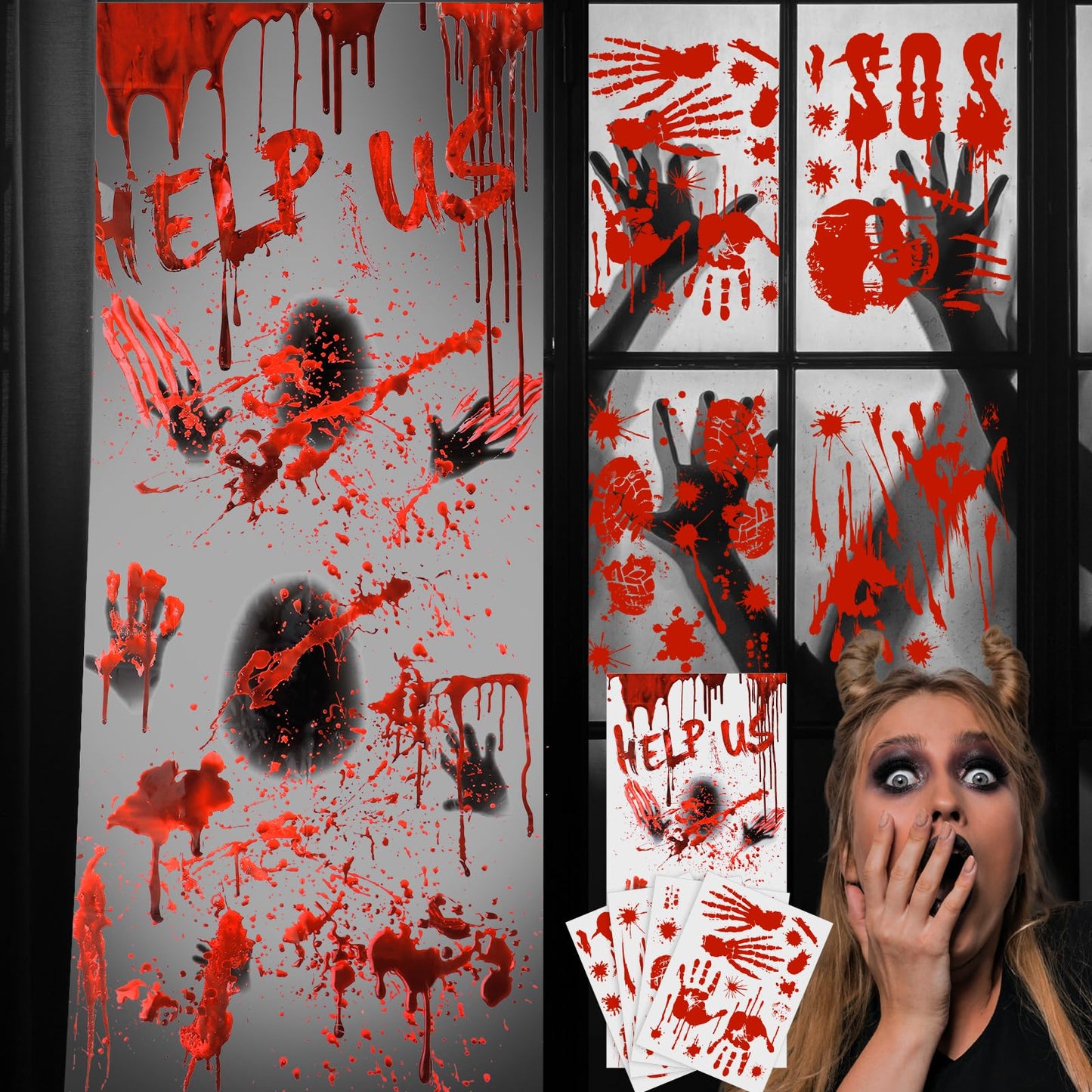 Amabro Halloween Decorations, 78" x 35" Bloody Horror Poster with 14" x 10" Handprint Footprint Stickers Windows Clings Wall Decals Temporary Tattoos Zombie Theme Party Indoor Outdoor, 1+4 Sheets
