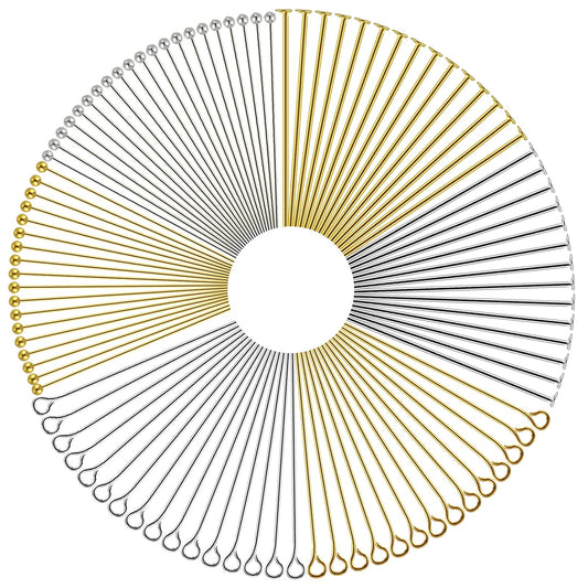 Andibro Jewelry Head Pin, 600 Pcs Alloy Flat Gead Pin 1.57 inch Ball Head Pins Brass Eye Pin Golden Sliver Headpins for DIY Findings Charm Beads Crafts Earring Bracelet Necklace Supplies Making