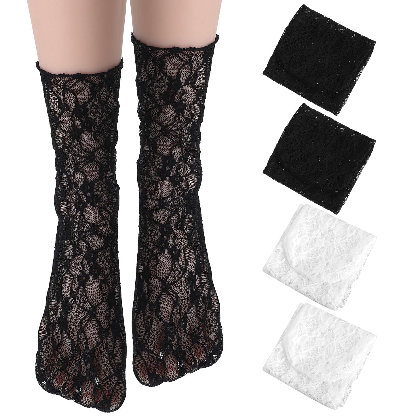 TIESOME 2 Pairs Women's Lace Ankle Socks, Sheer Slouch Socks Lace Socks Ruffle Frilly Socks Mesh Socks Nylon Socks for Women(White+Black)