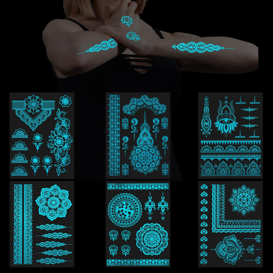 AOZUO 6 Sheets Blue Glow In Dark Temporary Tattoos, Glow Tattoos for Adults Luminous Lotus Mandala Flower Fake Temporary Body Tattoo Glitter Night Party Decoration for Women Adults
