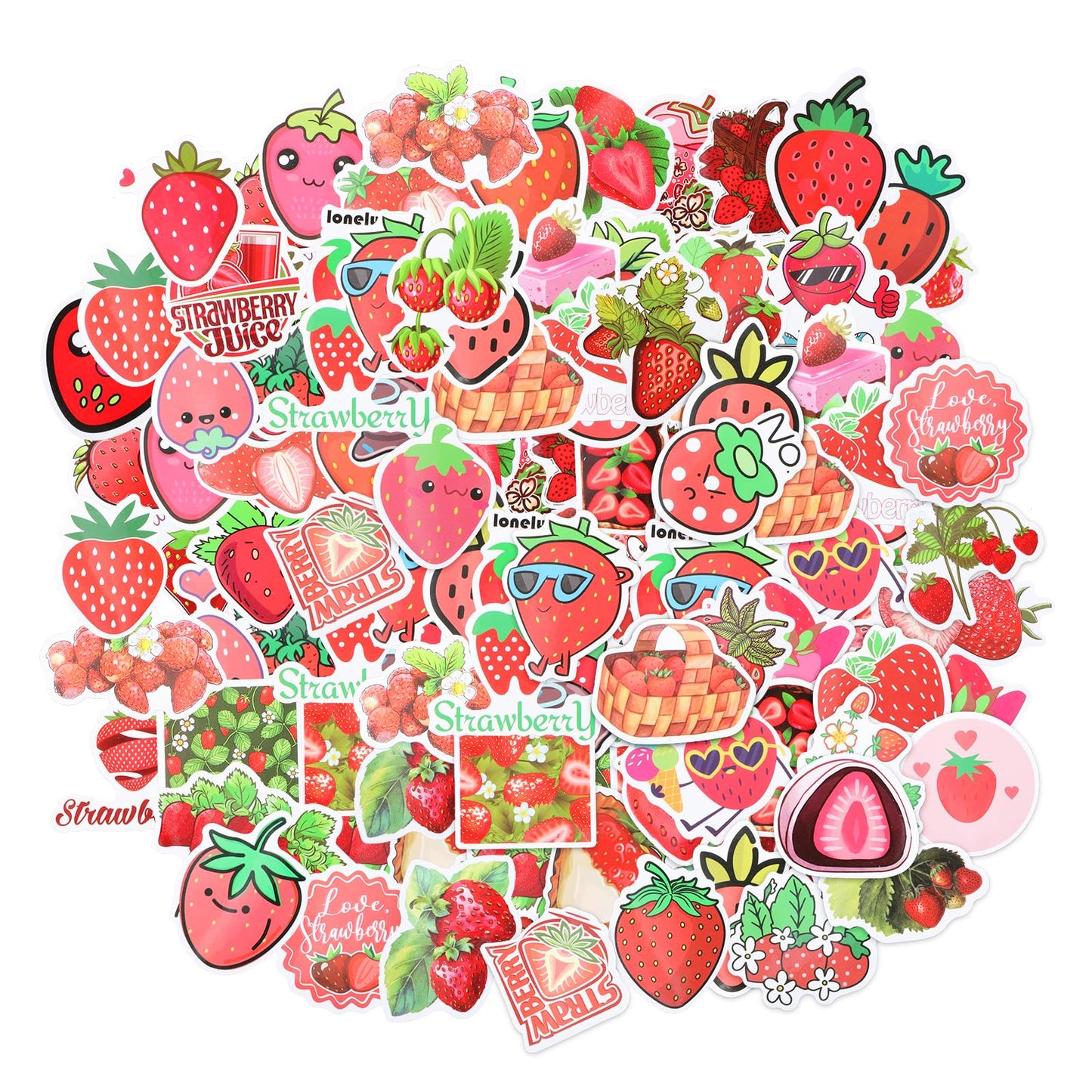 AOZUO 100Pcs Strawberry Shortcake Stickers, DIY Red Cute Strawberry Sticker, Cartoon Waterproof Fruits Vinyl Decals for Water Bottle Laptop Luggage Helmet Skateboard Snowboard Guitar Scrapbook Gifts