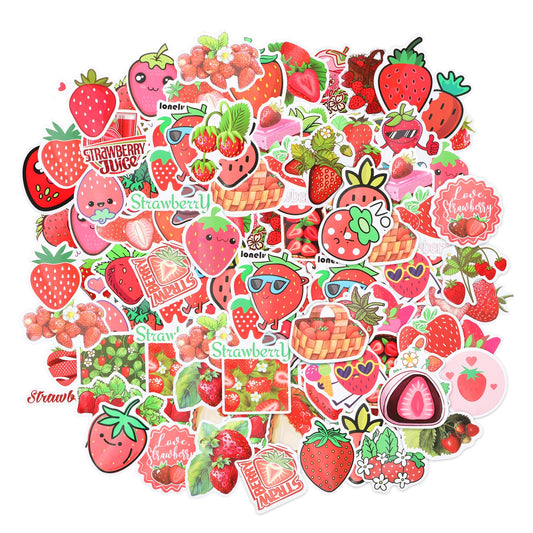 AOZUO 100Pcs Strawberry Shortcake Stickers, DIY Red Cute Strawberry Sticker, Cartoon Waterproof Fruits Vinyl Decals for Water Bottle Laptop Luggage Helmet Skateboard Snowboard Guitar Scrapbook Gifts