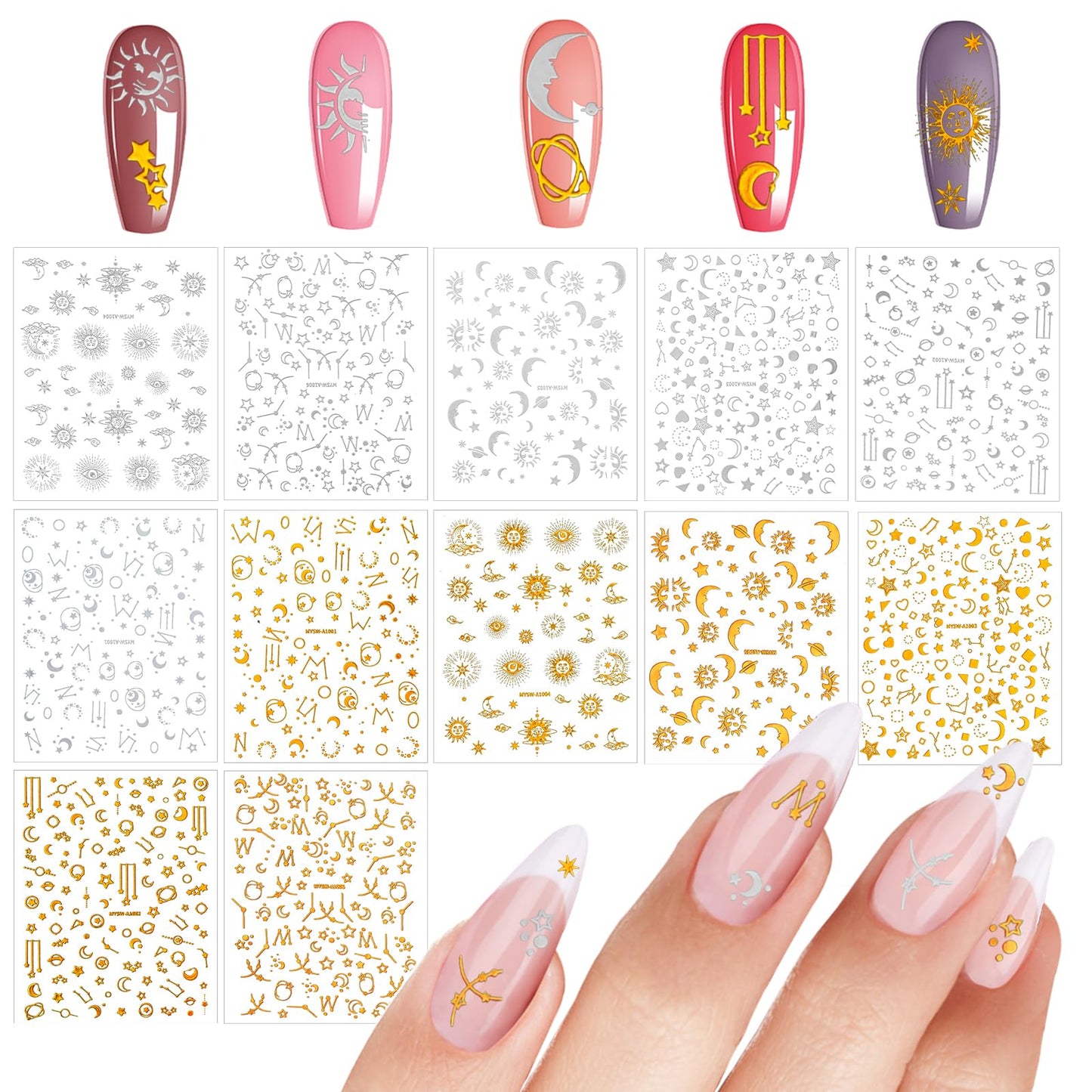 Amaxiu 12 Sheets/Set Moon Star Sun Nail Art Stickers, Self Adhesive 3D Nail Art Decals Outer Space Planets Nail Design Makeup Decorations Supplies for Women DIY Manicure(Gold, Silver)