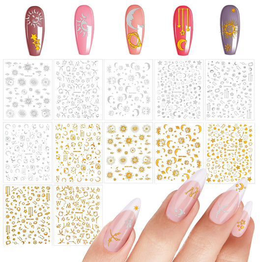 Amaxiu 12 Sheets/Set Moon Star Sun Nail Art Stickers, Self Adhesive 3D Nail Art Decals Outer Space Planets Nail Design Makeup Decorations Supplies for Women DIY Manicure(Gold, Silver)