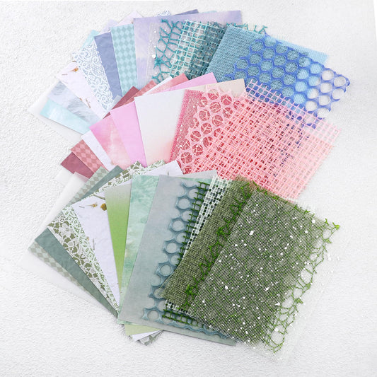 Jeffdad 45Pcs Scrapbook Textured Paper, A5 Size Craft Scrapbooking Paper Mix Mesh Fabric Mulberry Paper for Scrapbooking, Junk Journals, Journaling Supplies, DIY Paper Craft Supp(Type Two)