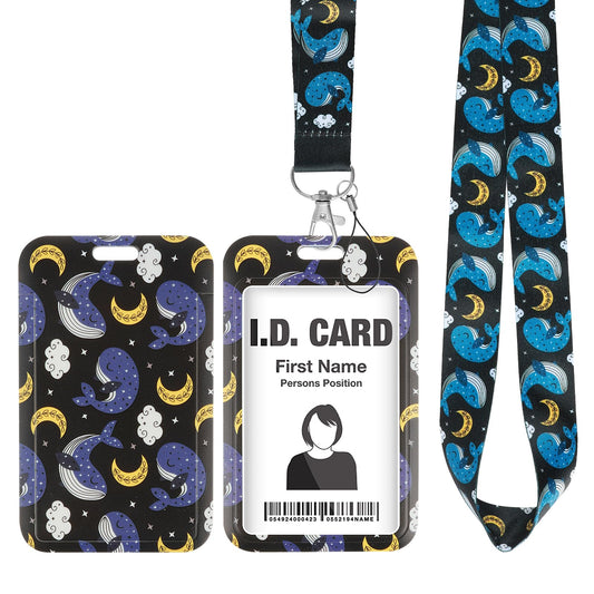 cobee Badge Holder Lanyard Set, Whale Pattern Badge Card Neck Lanyard with Vertical ID Card Protector Aesthetic Car Key Card Holder Wallet Lanyard Whale Keychain for Women Men Teacher Nurse(Style-A)