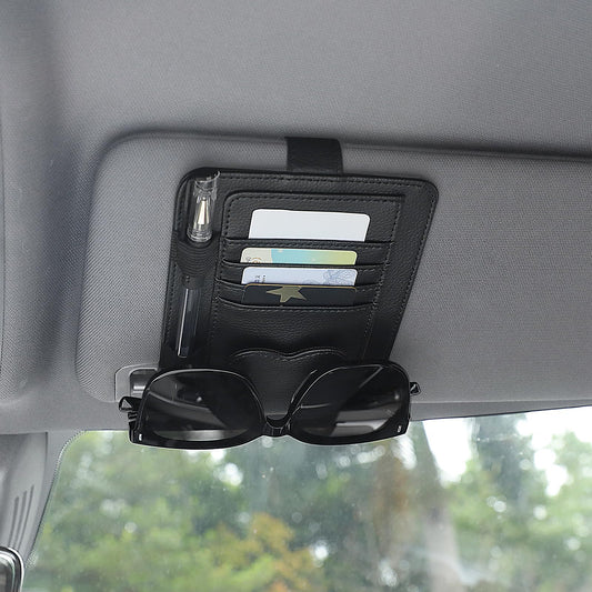 Car Sun Visor Organizer, Leather Sunglasses Holder for Car Sun Visor with Storage Pockets, Auto Visor Case Interior Accessories for Storing Sunglasses Card Pen Invoice(black)