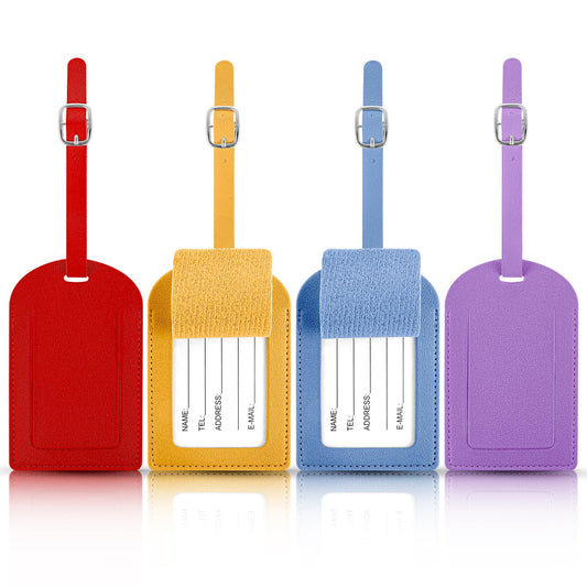 Andibro 4 Pack Leather Luggage Tag, PU Luggage Bag Tag Holders Include Name Cards with Privacy Covers Travel Suitcase Adjustable Strap for Colored Luggage Tags for Luggage Travel Bags Suitcases(A)