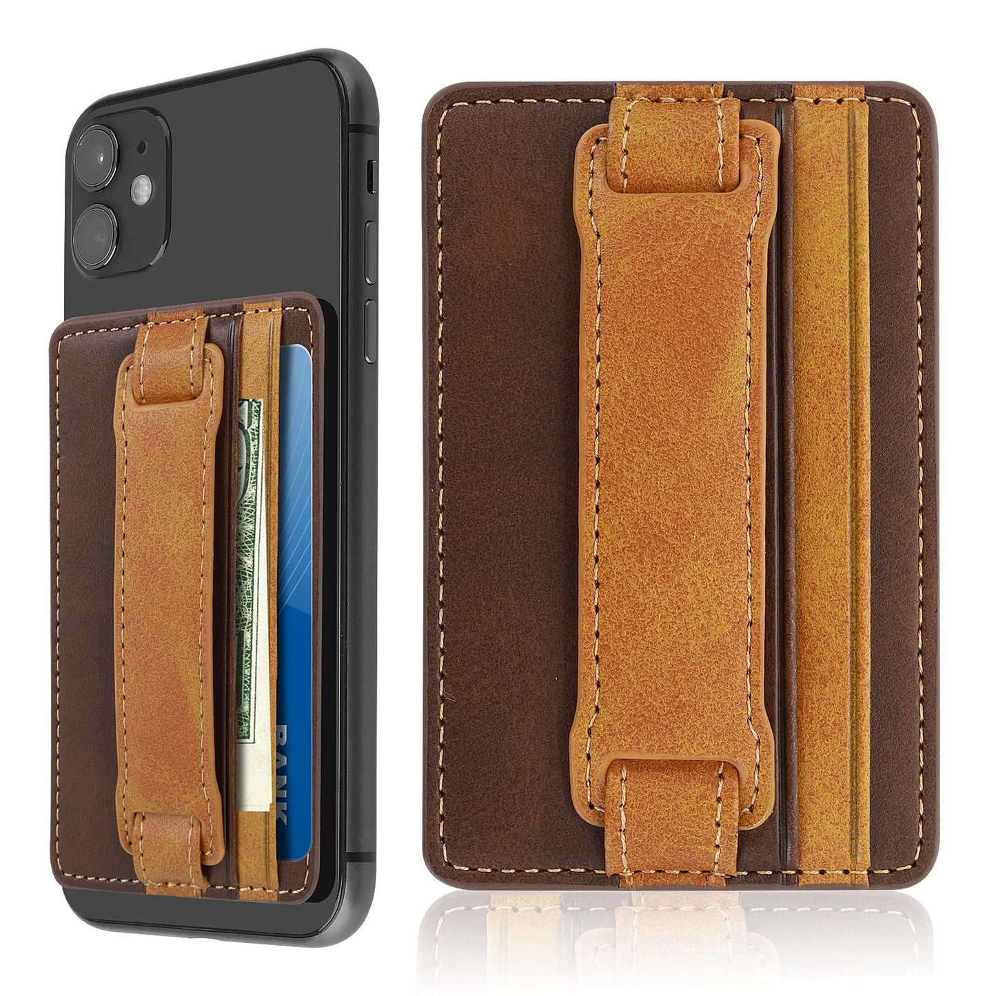 Cobee Cell Phone Card Holder Pouch Self-Adhesive Phone Kickstand with Elastic Band Stick on Wallet Card Holder for Back of Phone Case Leather ID Card Holder Sleeve Pouch Credit Card Grip Holder(Brown)
