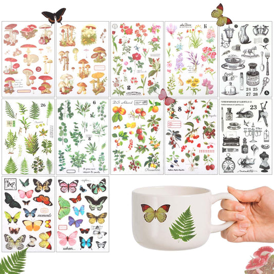Andibro 12 Sheets Rub on Transfer Stickers, Flower Mushroom Rub On Transfer Vintage Berry Butterfly Decals for Crafts Furniture Rub on Decals Paper Scrapbooking Journals Transfer
