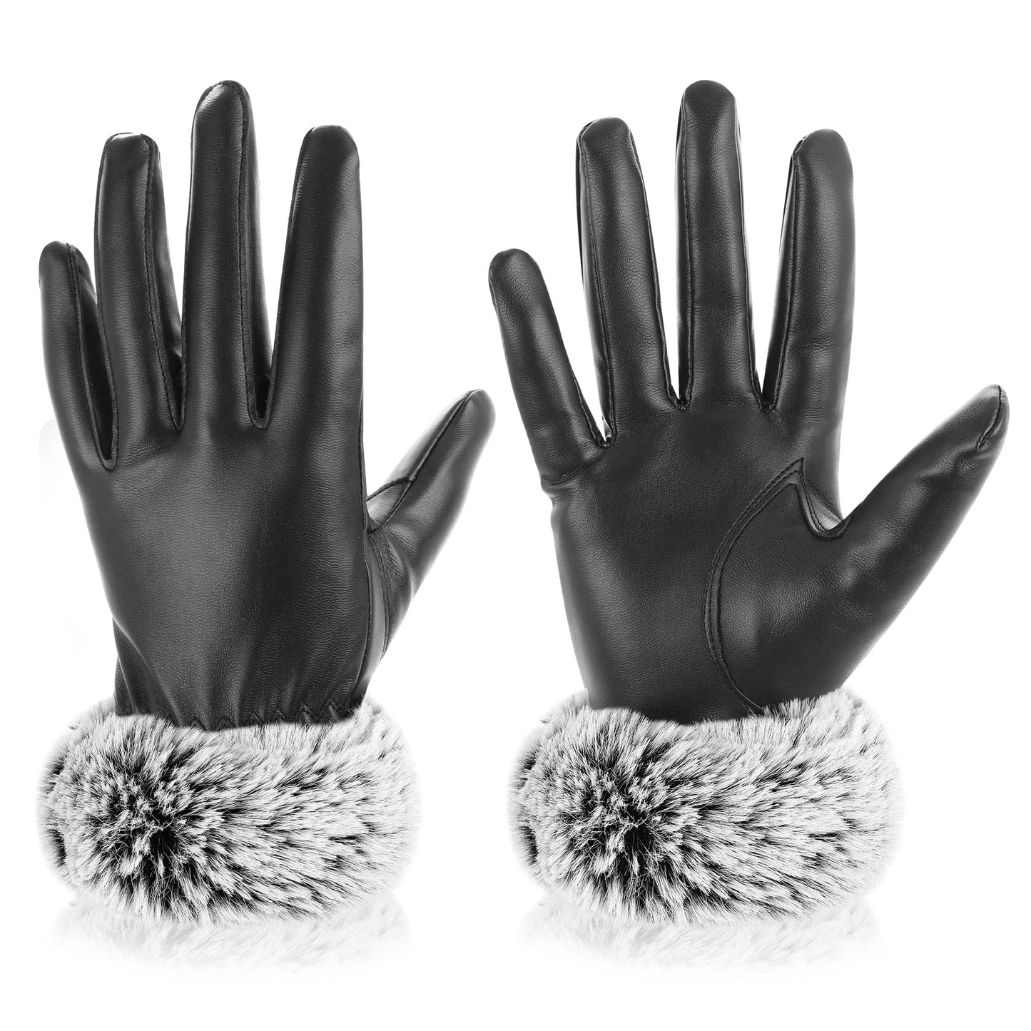 cobee Warm PU Leather Gloves for Women, Winter Warm Gloves with Fur Cuff Plush Lined Leather Gloves Touchscreen Gloves(Black)