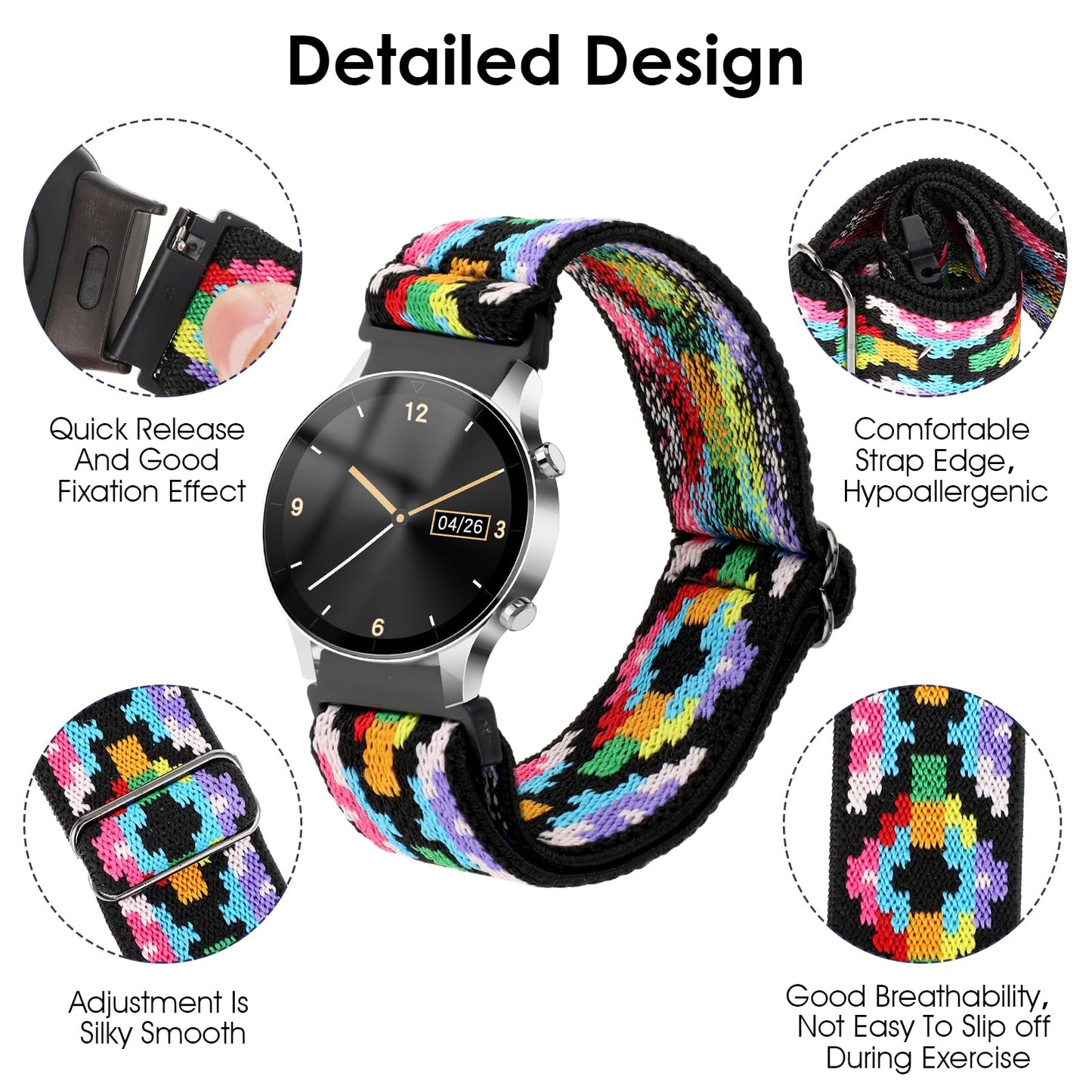 Andibro 3pcs Elastic Smart Watch Band, Compatible with 20mm Watch Strap Release Replacement Wristband Adjustable Nylon Solo Loop Straps Fabric Braided Sport Stretchy Bands for Men Women(C,20mm)
