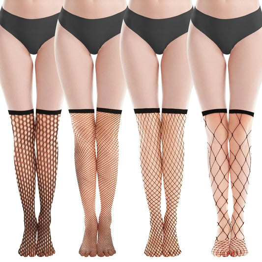 AOZUO 4 Pairs Women's Knee High Fishnet Stockings, Mesh Net Hollow Out Socks Black Fishnets Stockings for Women Girls Trouser, Black, Medium