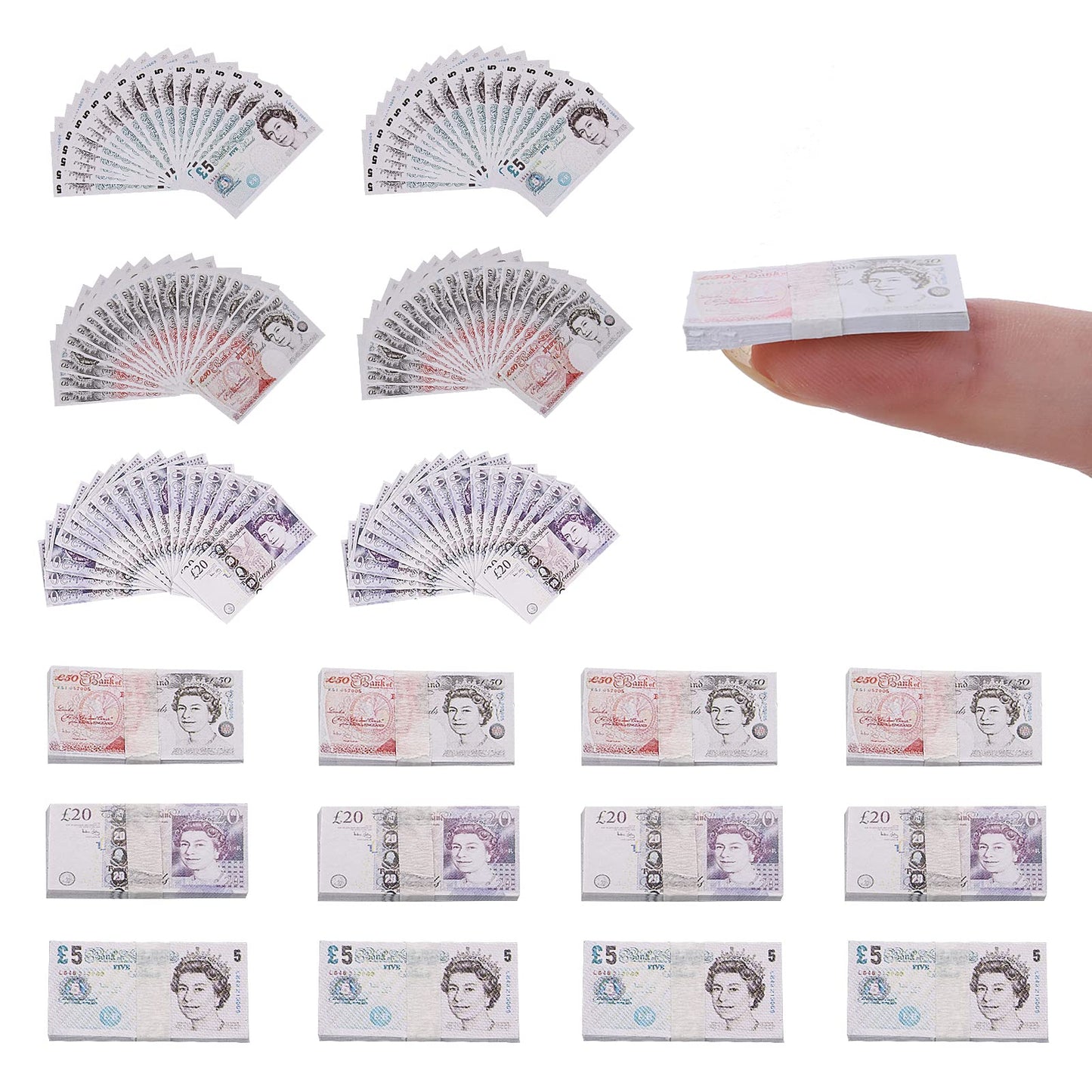 Cobee Dollhouse Miniature Money Model, 220 Pieces Mini Play Money Realistic Money Bill Set Doll House Copy Money Prop Money Full Print 2 Sided for Pretend Play (Pound)