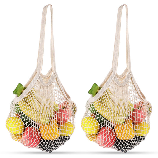 Jeffdad 2Pack Cotton Mesh Grocery Bags, Reusable Washable Grocery Mesh Bags Organizer Cotton String Shopping Bags for Fruit Vegetable Shopping Storage (Long Handle Bag)