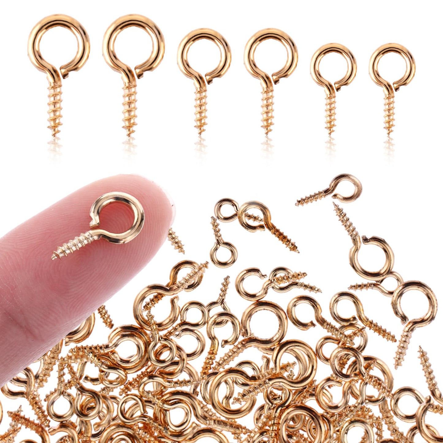 Amabro 300PCS 3 Sizes Small Screw Eye Pins, Mini Metal Eye Pins Hooks Eyelets Screw Peg Threaded Self Tapping Screw Threaded Clasps Hooks for Jewelry Making Findings DIY Crafts(Gold)