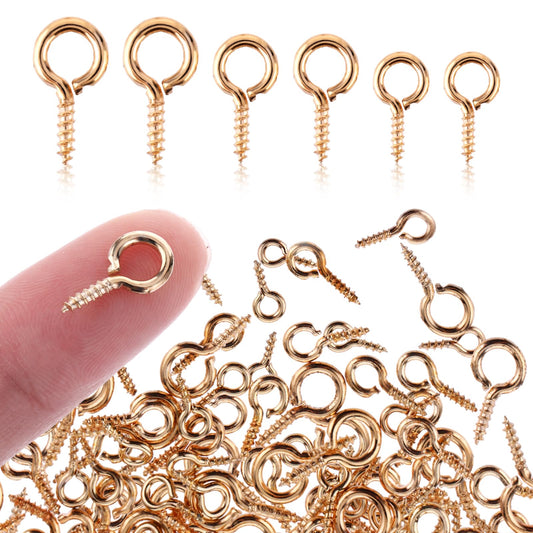 Amabro 300PCS 3 Sizes Small Screw Eye Pins, Mini Metal Eye Pins Hooks Eyelets Screw Peg Threaded Self Tapping Screw Threaded Clasps Hooks for Jewelry Making Findings DIY Crafts(Gold)