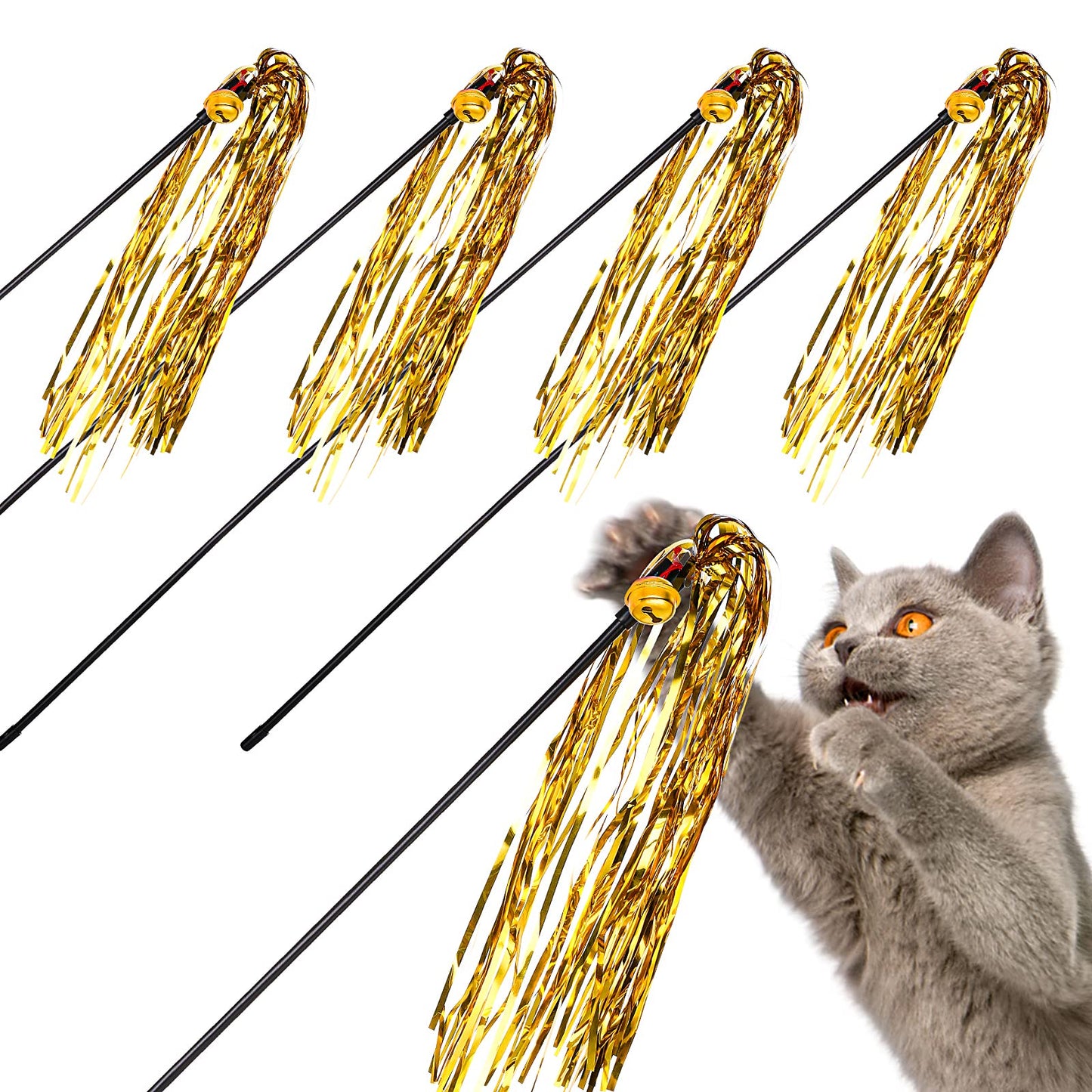 cobee Cat Interactive Wand Toys,5 Pcs Kittens Toy Wand String with Bells and Sound Reflective Paper Tassels for Indoor Colorful Ribbon Training Exerciser and Kitten Catcher Accessories