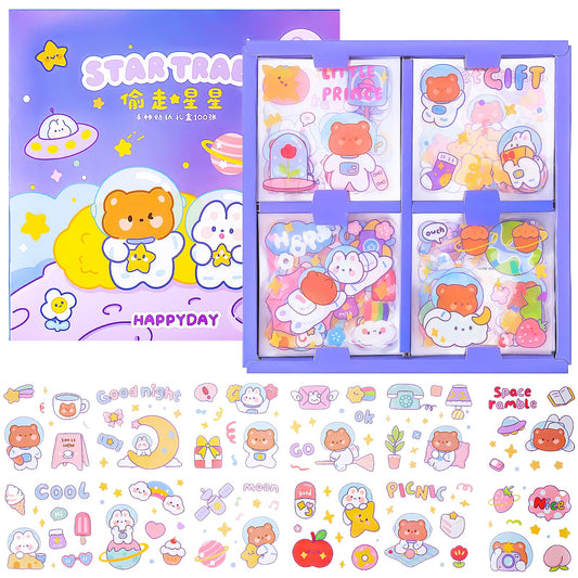 Amaxiu 100 Sheets Cute Cartoon Space Stickers Set, Kawaii Waterproof Transparent Sticker Decorative Stickers Kids Stickers Set for Water Bottle Phone Cases Laptops DIY Crafts Scrapbook Journal