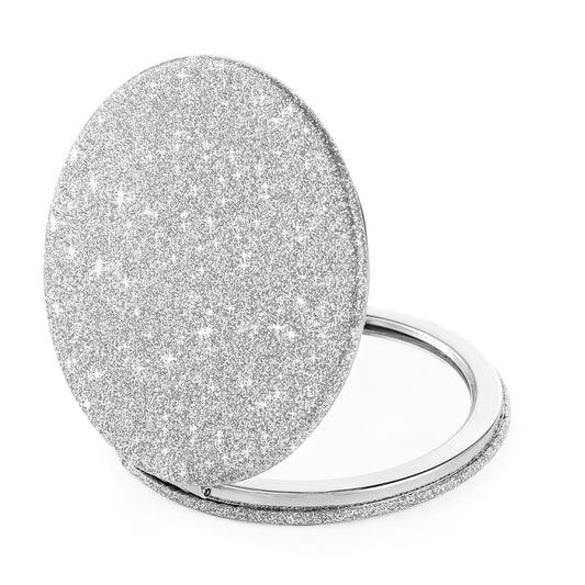 Andibro Small Glitter Compact Mirror, Folding Pocket Makeup Mirror Handheld 2-Sided 1x/2x Magnifying Cute Cosmetic Mirror Round PU Leather Mirror for Women Girls Travel(silver)