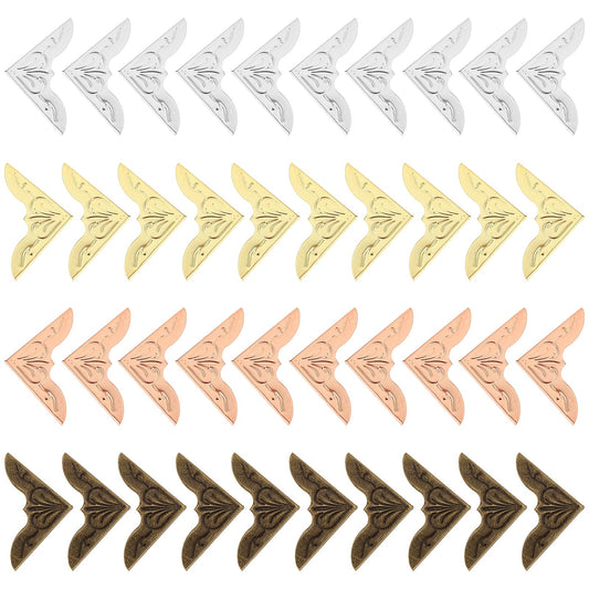 Bewudy 80 Pcs Metal Book Corner Protector, 4 Colors Vintage Iron Book Corner Protector for Scrapbook Photo Album, Triangle Carved Notebook Folder Corner Decorative Frame Angle(Style D)