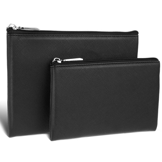 cobee 2 Pcs PU Leather Cosmetic Bags, Waterproof Large Travel Makeup Bag with Small Make Up Organizer Zipper Makeup Pouch for Purse Travel Toiletry Bag for Women Grils(Black)