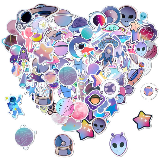 Bewudy 100 Pcs Cartoon Space Stickers Purple Planet Rocket Stars Astronomy Stickers for Kids Boy Girl Water Bottle Skateboard Laptop Stickers Decals