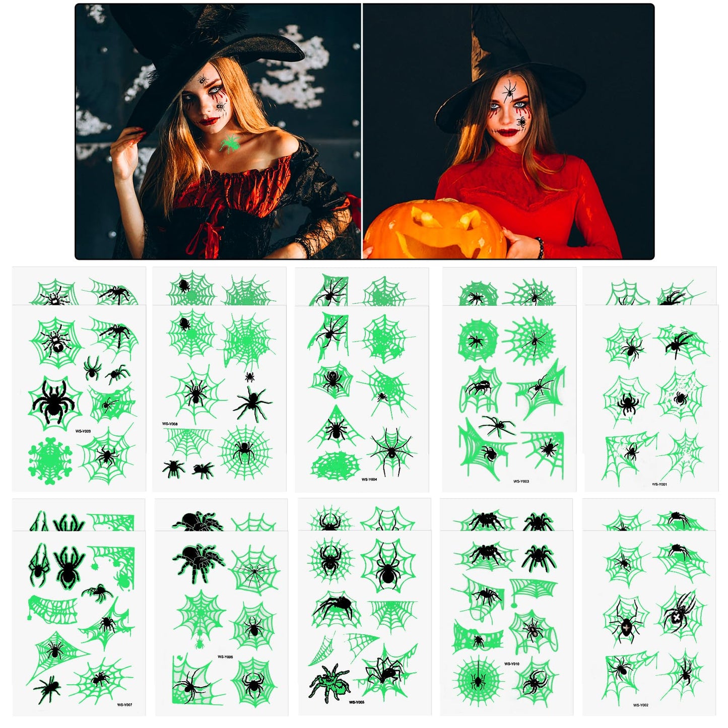 cobee Spider Temporary Tattoos, 20 Sheet Waterproof Body Stickers Glow in the Dark Luminous Face Prank Tattoos Makeup Spider Web Tattoos for Women Men Cosplay (Luminous)