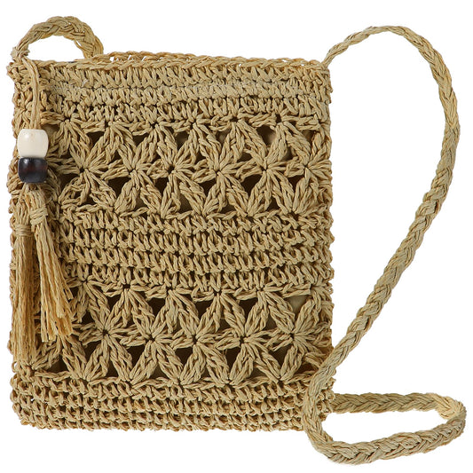 AOZUO Straw Mesh Beach Crossbody, Women Summer Clutch Purse Travel Woven bag Handbag Shoulder Bag with Tassel, Khaki