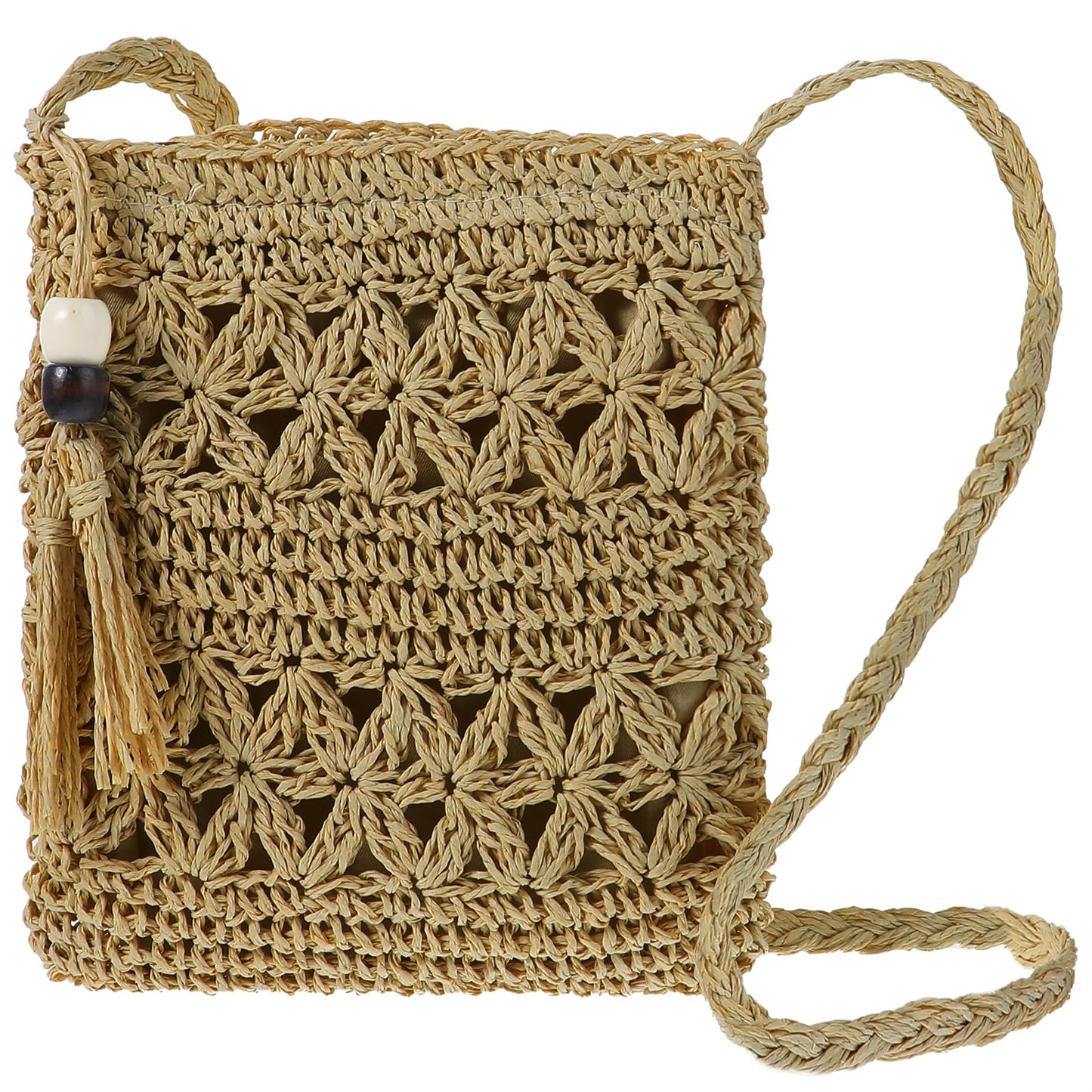 AOZUO Straw Mesh Beach Crossbody, Women Summer Clutch Purse Travel Woven bag Handbag Shoulder Bag with Tassel, Khaki