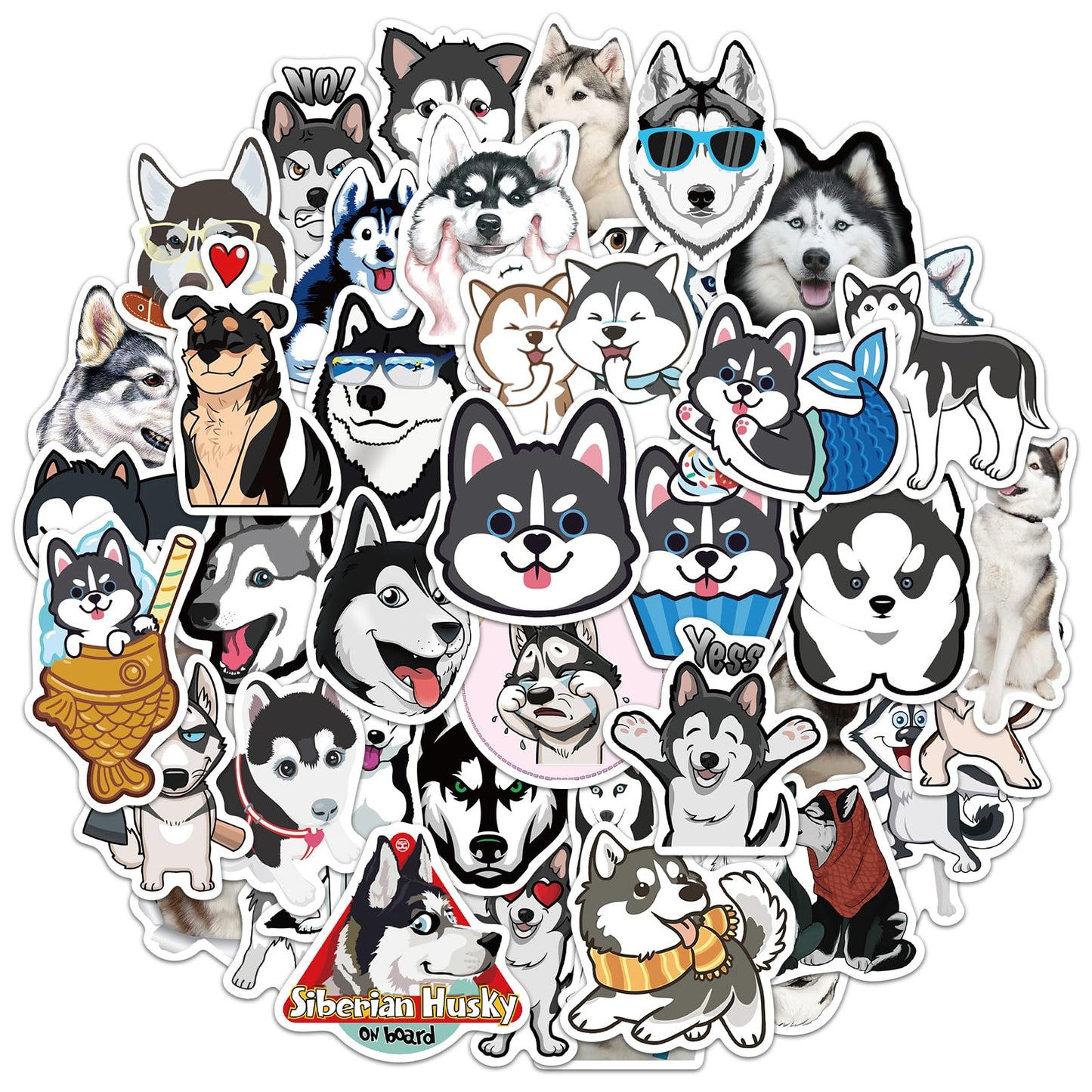 Amaxiu Funny Dog Stickers, 50 Pcs Cute Cool Husky Kawaii Animal Aesthetic Cartoon Decals Waterproof Vinyl Self Adhesive Decorative Sticker for Laptop Scrapbook Planner Journals