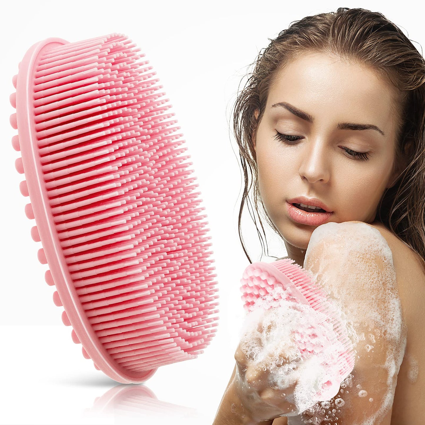 Cobee Silicone Bath Brush, Soft Body Scrubber Exfoliating Shower Brush Loofah Brush Body Scrub Brush Head Massage Brush 2 in 1 Shampoo Brush for Women Men All Kinds of Skin(Pink)