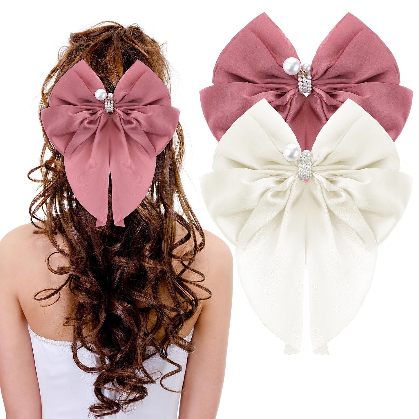 TIESOME Silky Satin Hair Bows,2PCS Pearl Hair Bow Ribbon For Hair Silk Hair Bows For Women French Hair Clips Bow Hair Clip Hair Barrettes For Women Kawaii Hair Accessories Cute Aesthetic(Pink+Apricot)