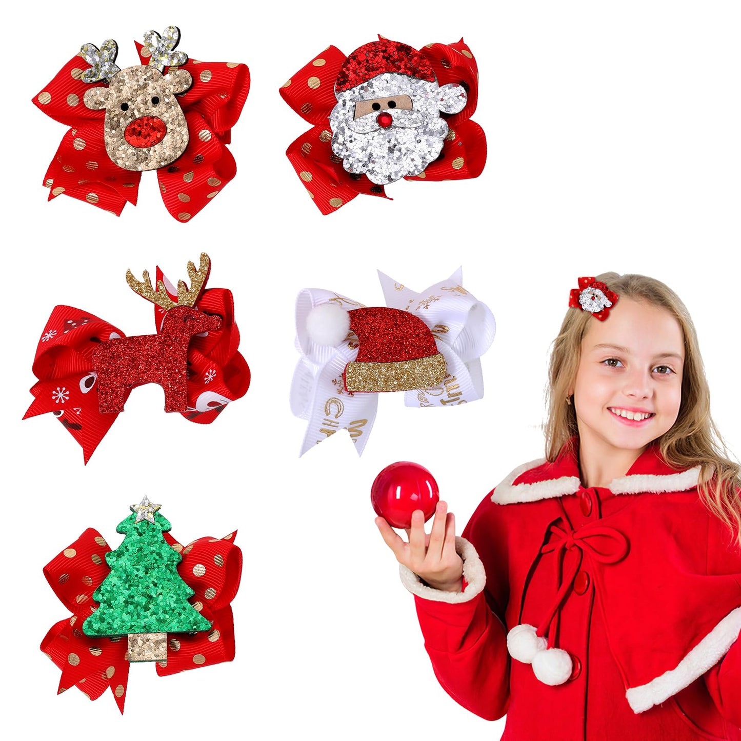 simarro Christmas Hair Clips for Girls, 5Pcs Bows Sequins Christmas Hair Clip Christmas Headdress Hair Accessories Glitter Hairpin for Girls Xmas Gifts Include Santa Christmas Tree Cap Elk Styles