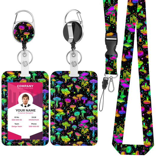 Amabro Badge Holder Lanyard Set, Colorful Mushroom Breakaway Lanyard Neck Lanyard 360° Rotate Retractable Badge Reel Clip Name Card Tag Vertical ID Protector for Nurse Teacher Office Supplies(Style-B)