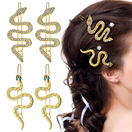 cobee 4 PCS Snake Hair Pins, Alloy Vintage Snake Hair Barrettes Minimalist Crystal Snake Hair Pins Sparkly Rhinestone Hairpin Clips Hair Jewelry Accessories For Women Girls Headdress(Gold)