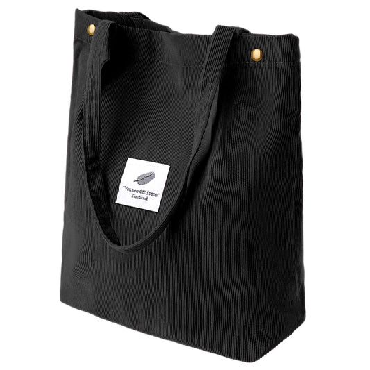 Jeffdad Corduroy Tote Bag for Women, Canvas Tote Bag Shoulder Cord Purse for Women Girl, Crossbody Shopping Work Bag(Black)