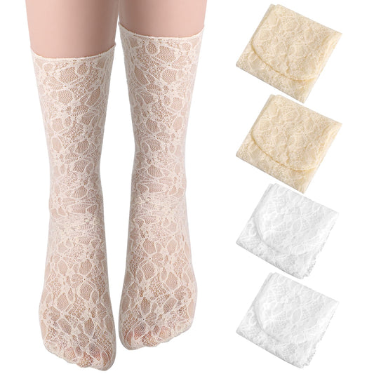 TIESOME 2 Pairs Women's Lace Ankle Socks, Sheer Slouch Socks Lace Socks Ruffle Frilly Socks Mesh Socks Nylon Socks for Women(White+Beige)