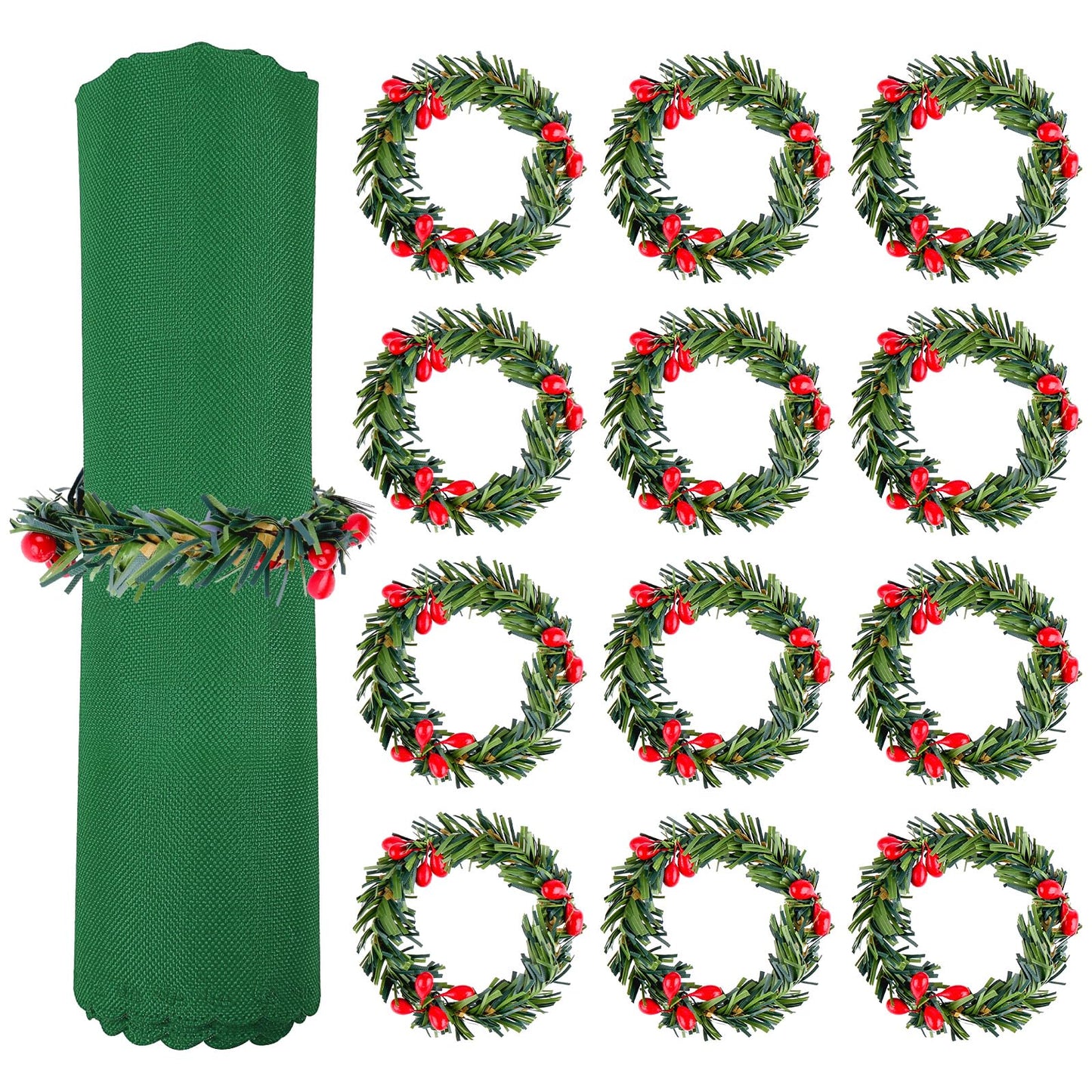 simarro Christmas Napkin Rings,12 Pieces Xmas Napkin Holder Holly Berry Candle Wreath Banquet Table Decorations for Weddings Birthdays Thanksgiving Christmas Party Supplies