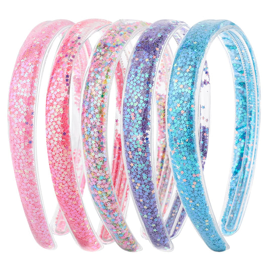 JIYIN 5 Pcs Glitter Headbands for Girls, Plastic Sparkly Confetti Headband with Teeth for Kids Cute Rainbow Pink Blue Purple Head Bands Non Slip Sparkle Wide Headband for Little Girl Hair Accessories