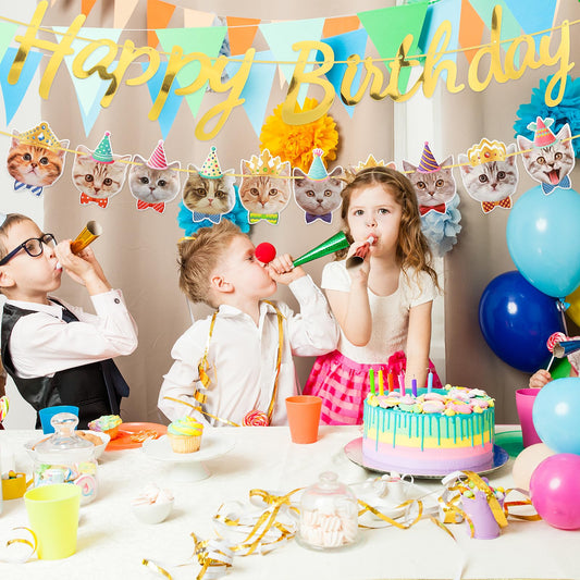 Andibro Cat Theme Happy Birthday Banner Set, 10 Cat Faces Decoration with Birthday Garland Colorful Kitten Party Bunting Crown Decor for Cat Theme Birthday Party Supplies (cat)