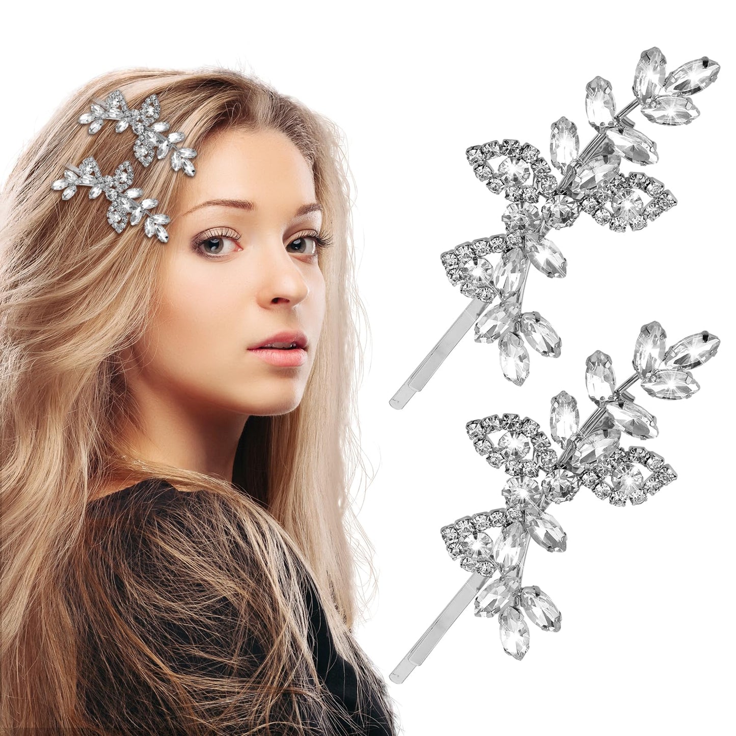 Andibro Rhinestone Bridal Hair Clips, 2Pcs Leaf Wedding Hairpin Bride Pearls Hair Pins Crystal Hair Clips Jewelry Barrette Elegant Hair Accessories for Brides Bridesmaids Flower Girls(Silver)