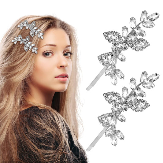 Andibro Rhinestone Bridal Hair Clips, 2Pcs Leaf Wedding Hairpin Bride Pearls Hair Pins Crystal Hair Clips Jewelry Barrette Elegant Hair Accessories for Brides Bridesmaids Flower Girls(Silver)