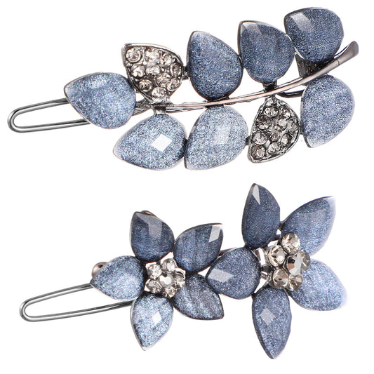 AOZUO 2 Pieces Fancy Hair Clips for Women, Vintage Rhinestone French Hair Clip Blue Crystals Small Flowers Hair Clips Decorative Hair Clips for Wedding Engagement Prom Valentines