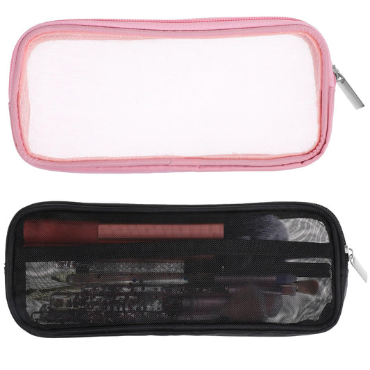HJZHII 2pcs Zipper Mesh Bags, Portable Mesh Makeup Brush Bag Travel Toiletry Bag Transparent Makeup Small Cosmetic Brush Holder Storage Bag Washing Kits Organizer, Black+Pink