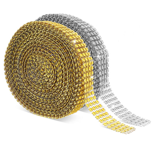 Molain Crystal Rhinestone Ribbon, 20 Yard Diamond Ribbon Bling Ribbons Roll for Wedding Birthday Christmas Gift Decorations Arts Crafts 10 Yard Gold+10 Yard Sliver