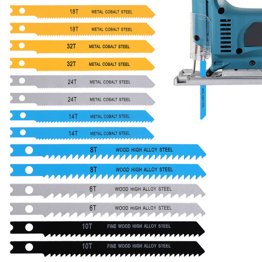 JIYIN U-Shank Jig Saw Blade Set, 14 PCS Jigsaw Blades with Storage Case for Wood Plastic Metal Cutting Jigsaw Blades Set Fit Vast Majority U Shank Jigsaws(6T 8T 10T 14T 18T 24T 32T)