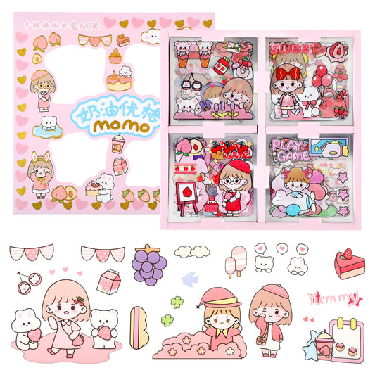 Amaxiu 100 Sheets Pink Kawaii Girls Stickers Kit, Cute Cartoon Aesthetic Decal Kawaii Transparent Decorative Sticker for Scrapbook Planner Journals DIY Crafts